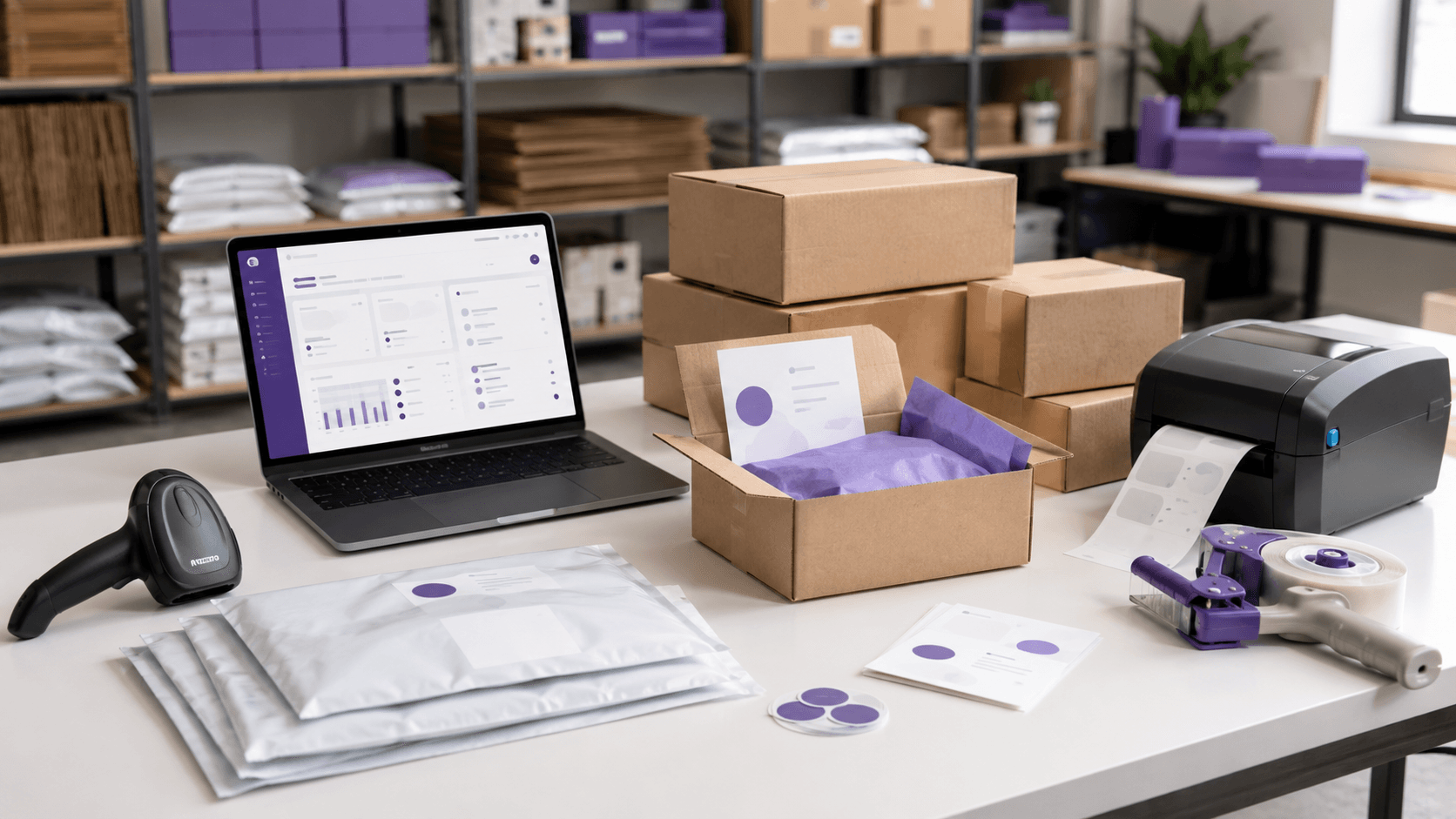 Shipping and tracking workstation with laptop, printer, parcels, labels, and prepared ecommerce boxes