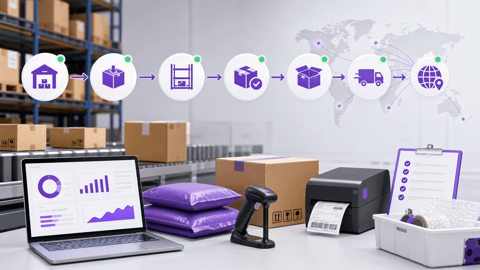 China Ecommerce Fulfillment Workflow Guide Banner China ecommerce fulfillment guide banner showing warehouse intake, quality checks, packing, order dashboard, and tracked global shipping