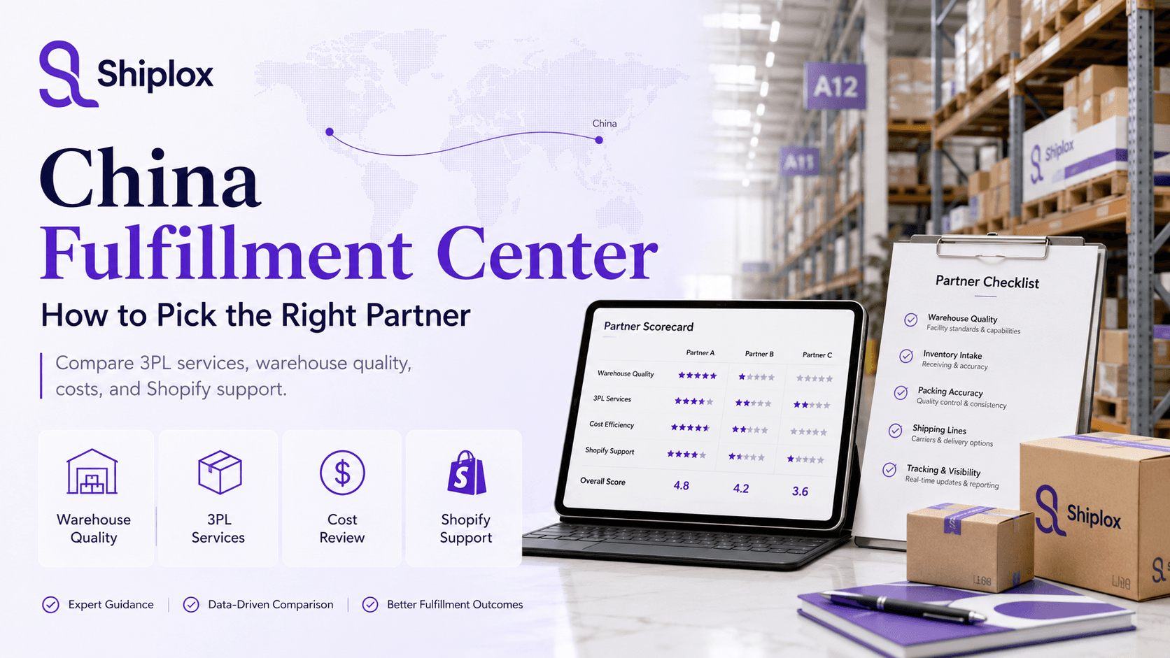 China Fulfillment Center Guide Blog Banner China fulfillment center guide banner showing warehouse operations, Shopify support, packing stations, and international shipping