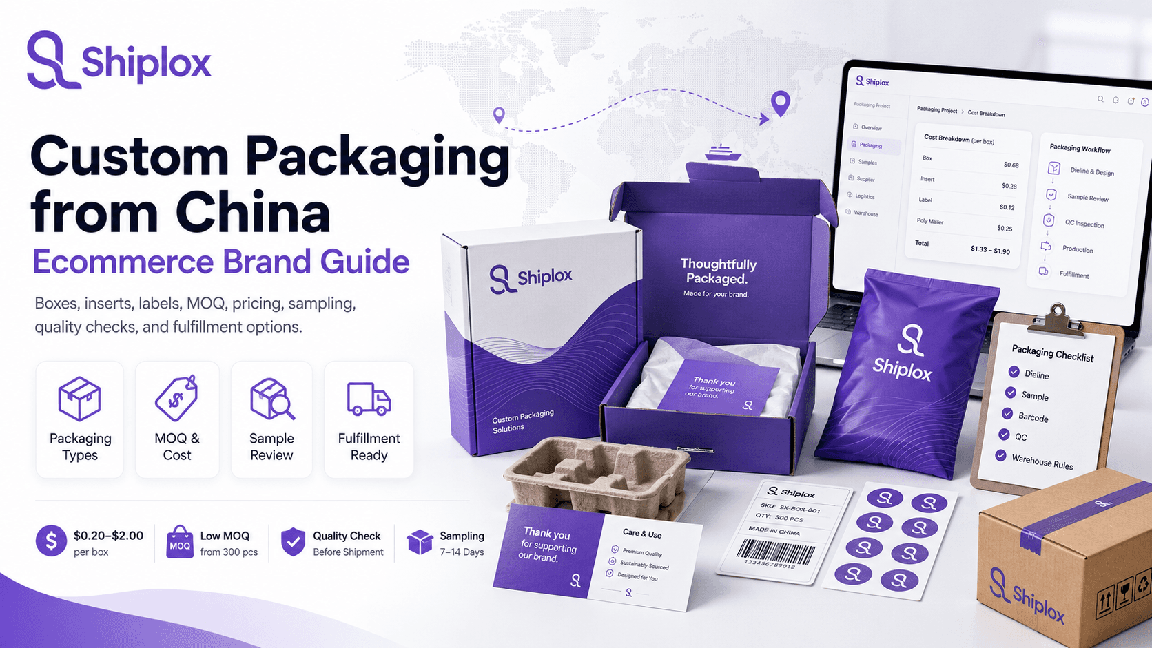 Custom Packaging from China Ecommerce Guide Blog Banner Custom packaging from China guide banner showing branded boxes, inserts, labels, MOQ planning, and fulfillment packaging