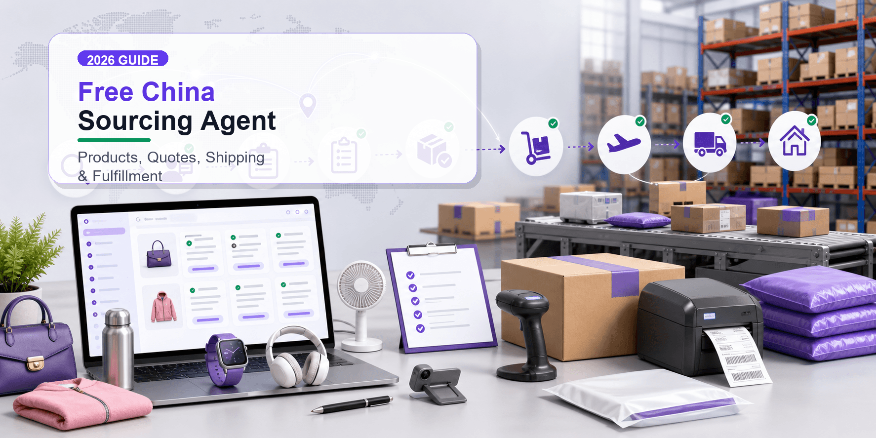 Free China Sourcing Agent Products Quotes and Fulfillment Blog Banner Free China sourcing agent guide banner showing product samples, supplier quote cards, warehouse packing, shipping labels, and global fulfillment