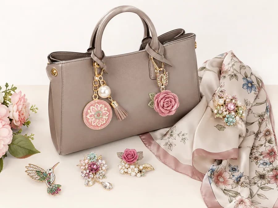 Bag Charm and Brooch Styling Set Product Image Bag charm and brooch styling set with handbag, scarf, and floral accessories