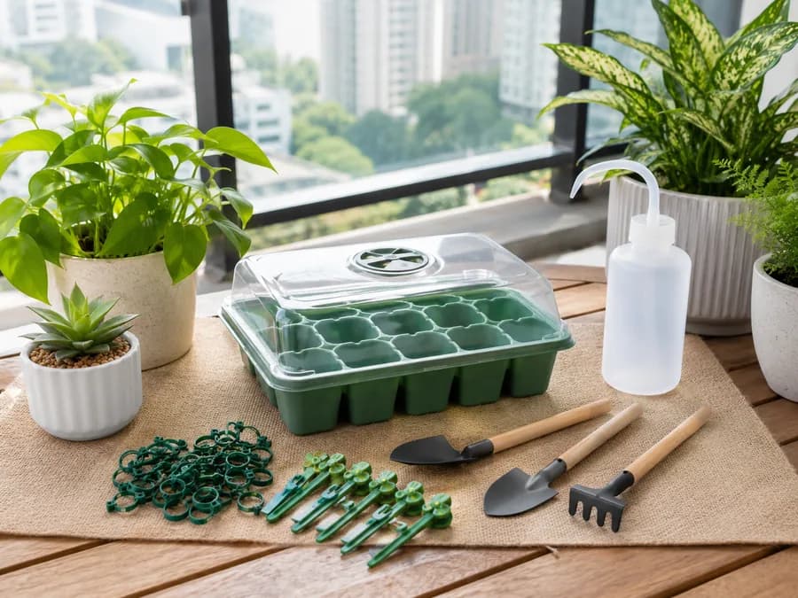 Balcony Plant Care Starter Kit Product Image Balcony plant care starter kit with seedling tray, plant clips, watering bottle, and garden tools
