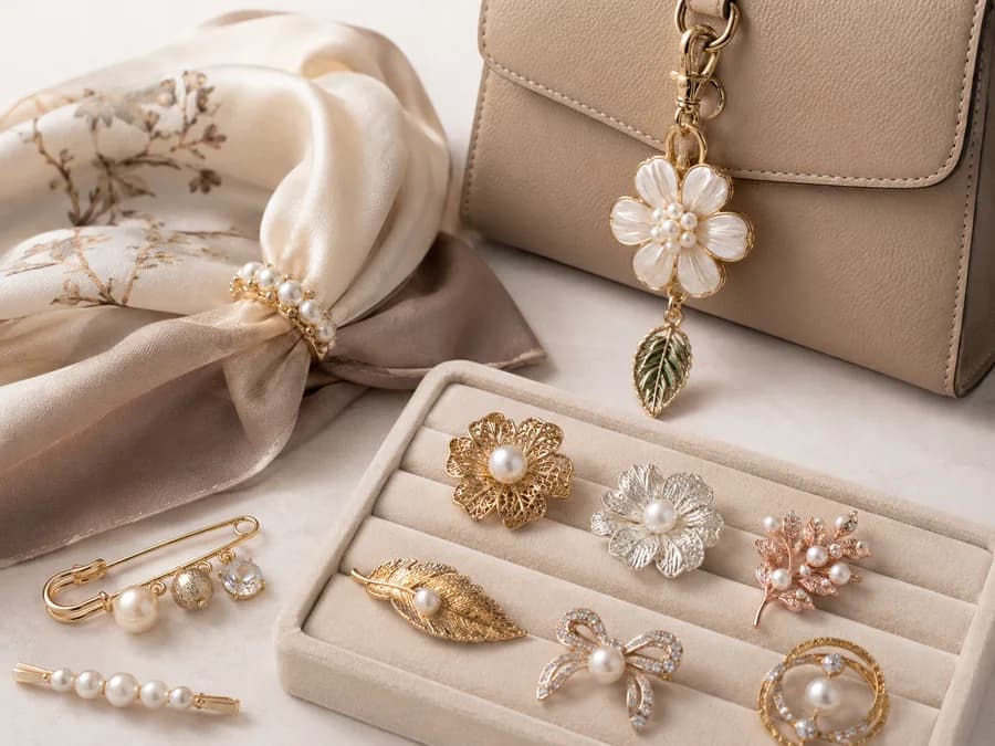 Brooch and Bag Charm Styling Set Product Image Brooch and bag charm styling set with handbag, scarf, and jewelry tray for fashion accessory sourcing