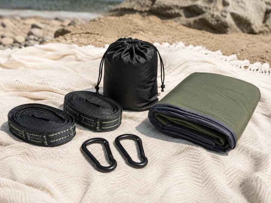 Compact Hammock Strap Kit Product Image Compact hammock strap kit with carabiners, folded hammock, and carry pouch for summer outdoor dropshipping