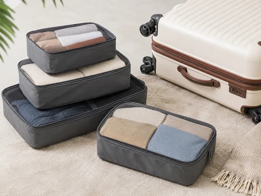 Compression Packing Cube Set Product Image Compression packing cube set with carry-on suitcase and folded travel clothes