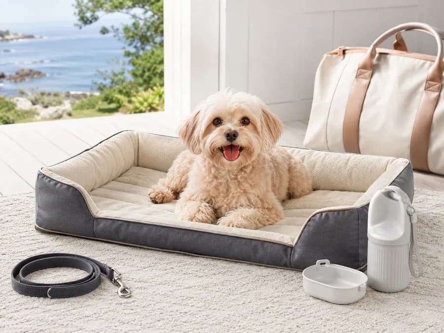 Foldable Pet Travel Bed Product Image Foldable pet travel bed with dog, water bottle, and weekend travel bag