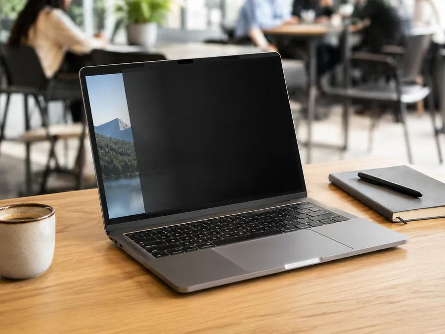 Laptop Privacy Screen Filter Product Image Laptop privacy screen filter on a coworking desk for work-from-anywhere product research