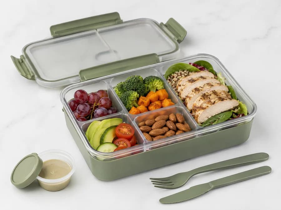 Leakproof Bento Meal Prep Container Product Image Leakproof bento meal prep container with compartments, cutlery, sauce cup, and packed lunch for ecommerce product sourcing