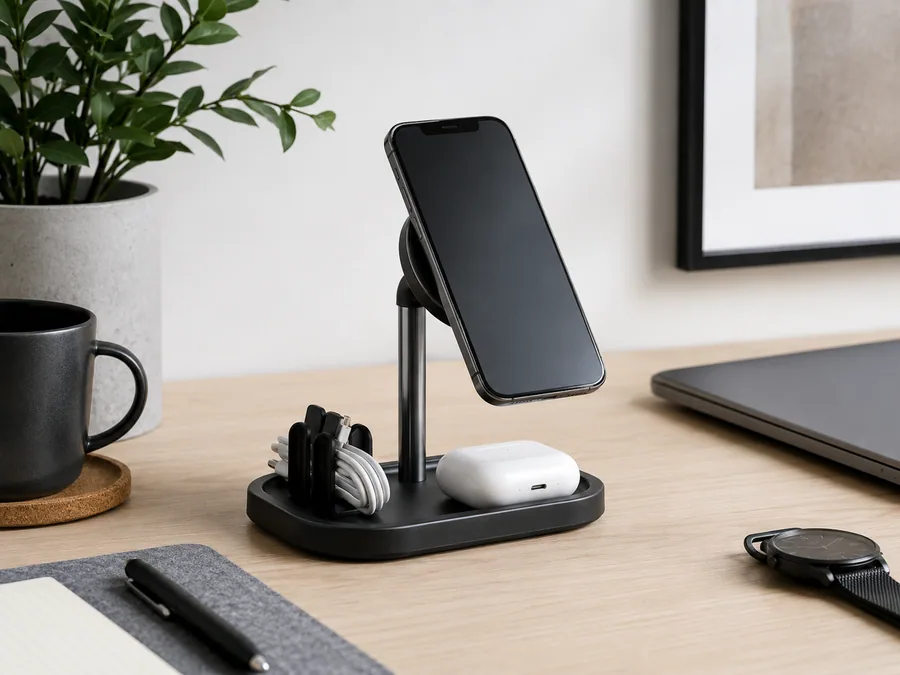 Magnetic Phone Stand and Charging Tray Product Image Magnetic phone stand and charging tray on a modern desk with phone, earbuds, and cable organizer