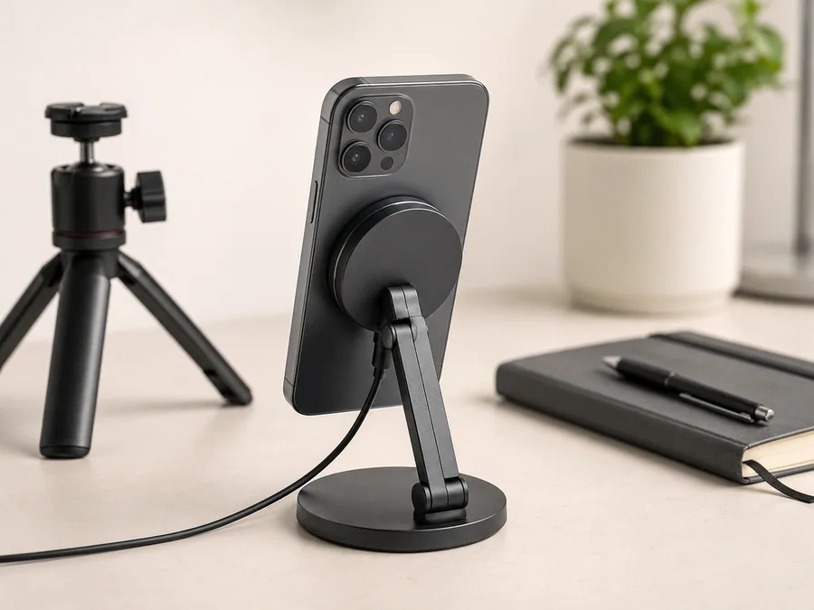 Magnetic Phone Stand for Creator Setups Product Image Magnetic phone stand for creator setup with tripod, phone, and desk accessories