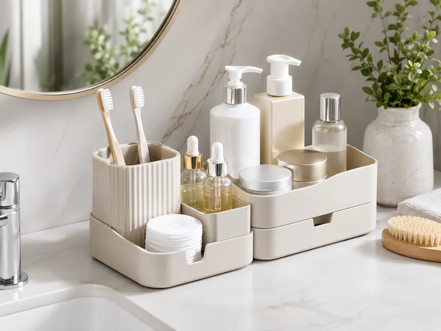 Modular Bathroom Counter Organizer Product Image Modular bathroom counter organizer with refill bottles, toothbrush holder, and skincare storage