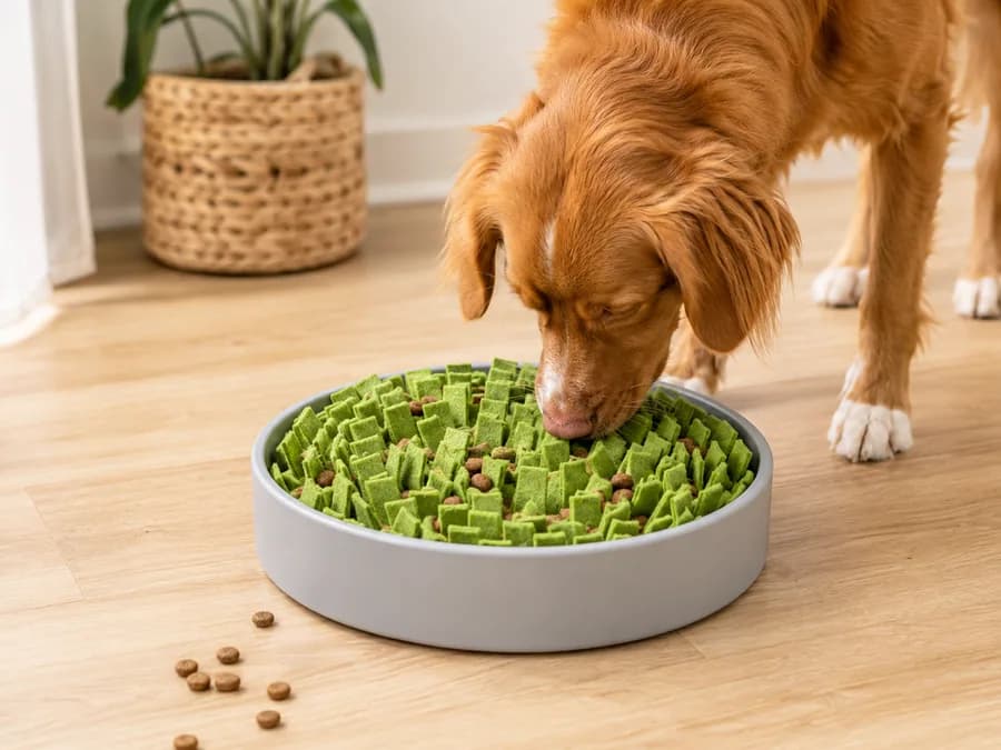 Pet Enrichment Slow Feeder Product Image Pet enrichment slow feeder bowl with dog using the feeder for pet product sourcing