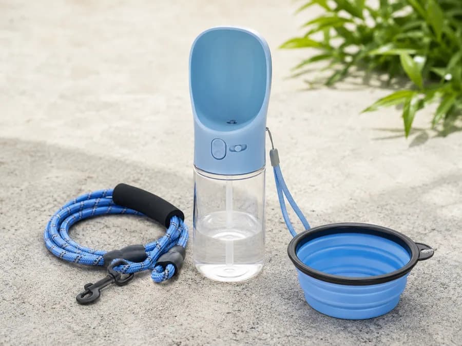 Portable Pet Water Bottle Product Image Portable pet water bottle with collapsible bowl and leash for pet travel dropshipping