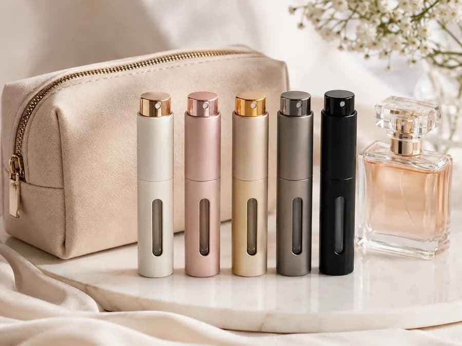 Refillable Fragrance Atomizer Set Product Image Refillable fragrance atomizer set with travel pouch and perfume bottle for beauty accessory sourcing