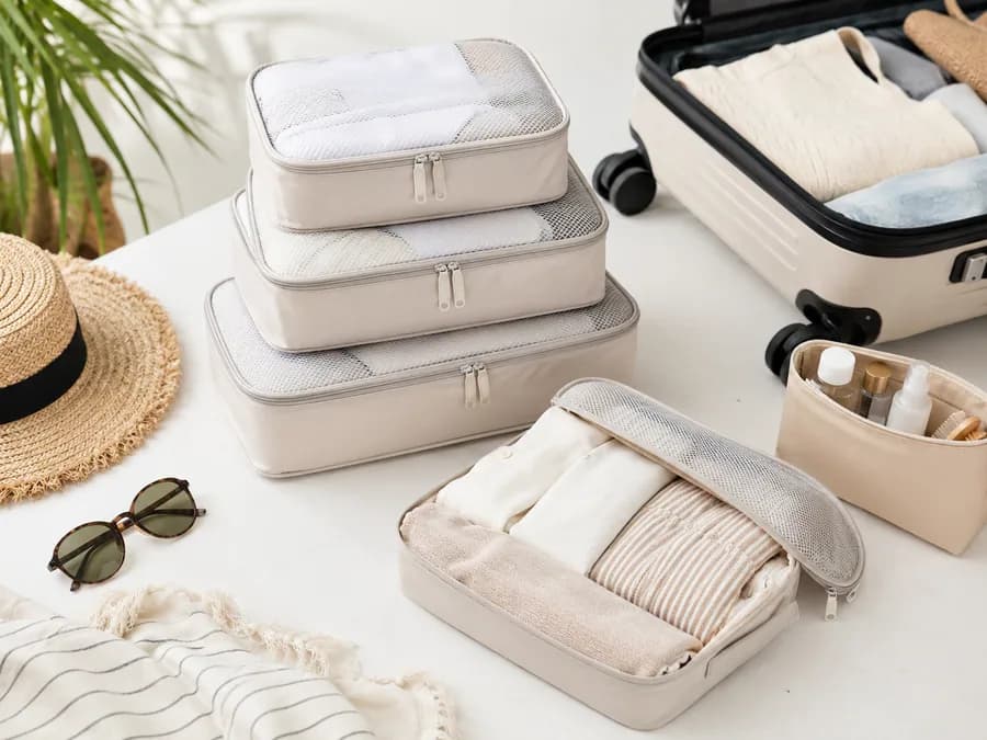 Summer Compression Packing Cube Set Product Image Summer compression packing cube set with carry-on suitcase, folded clothes, and travel organizer pouch