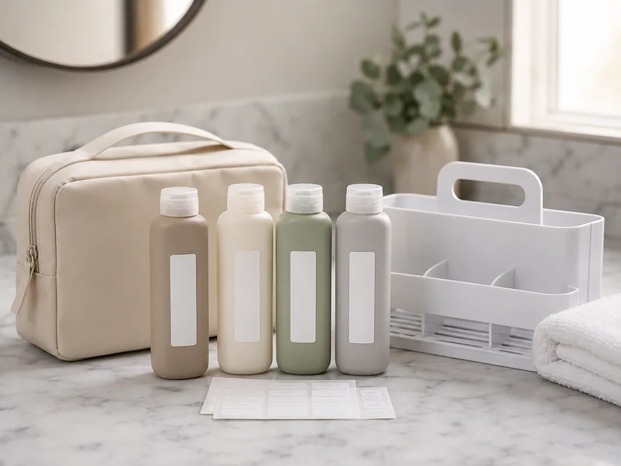 Travel Refill Bottle and Bathroom Reset Kit Product Image Travel refill bottle and bathroom reset kit with toiletry case and organizer bottles