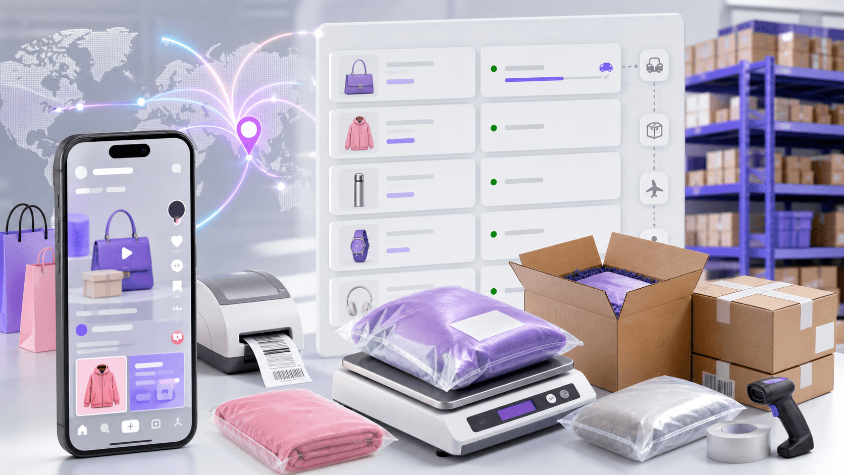 TikTok Shop Fulfillment from China Guide Blog Banner TikTok Shop fulfillment from China guide banner showing social commerce orders, apparel packing, warehouse shelves, order dashboard, and tracked shipping