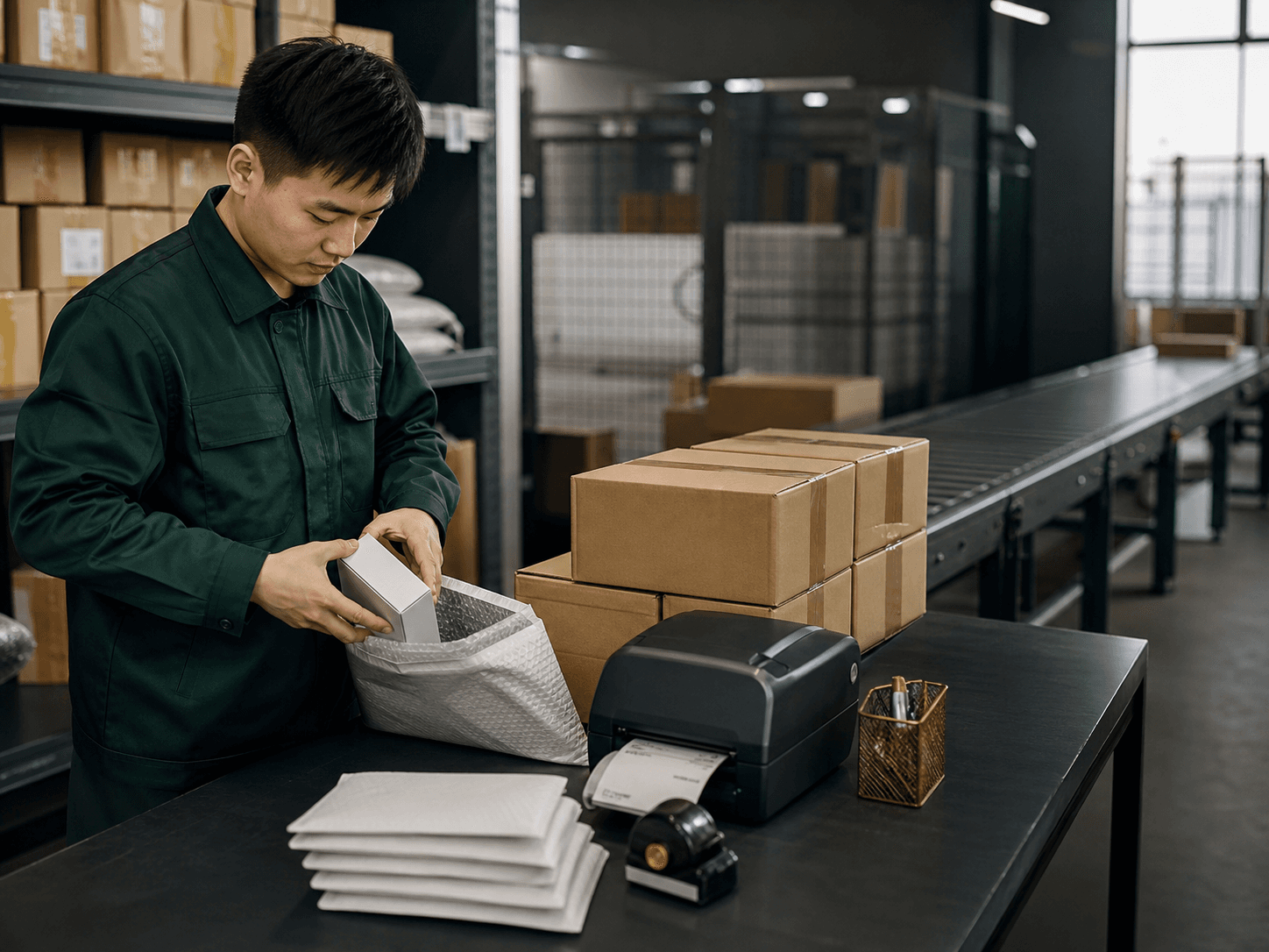 Shiplox fulfillment operator carefully packing a customer order before dispatch