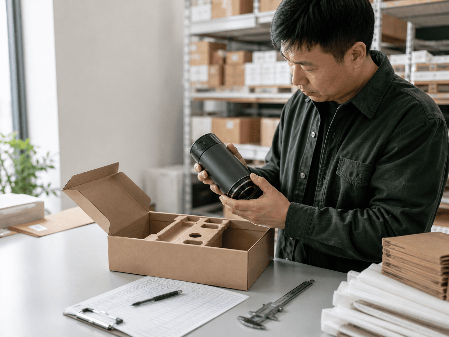 Shiplox operator inspecting a product and its protective packaging during quality control