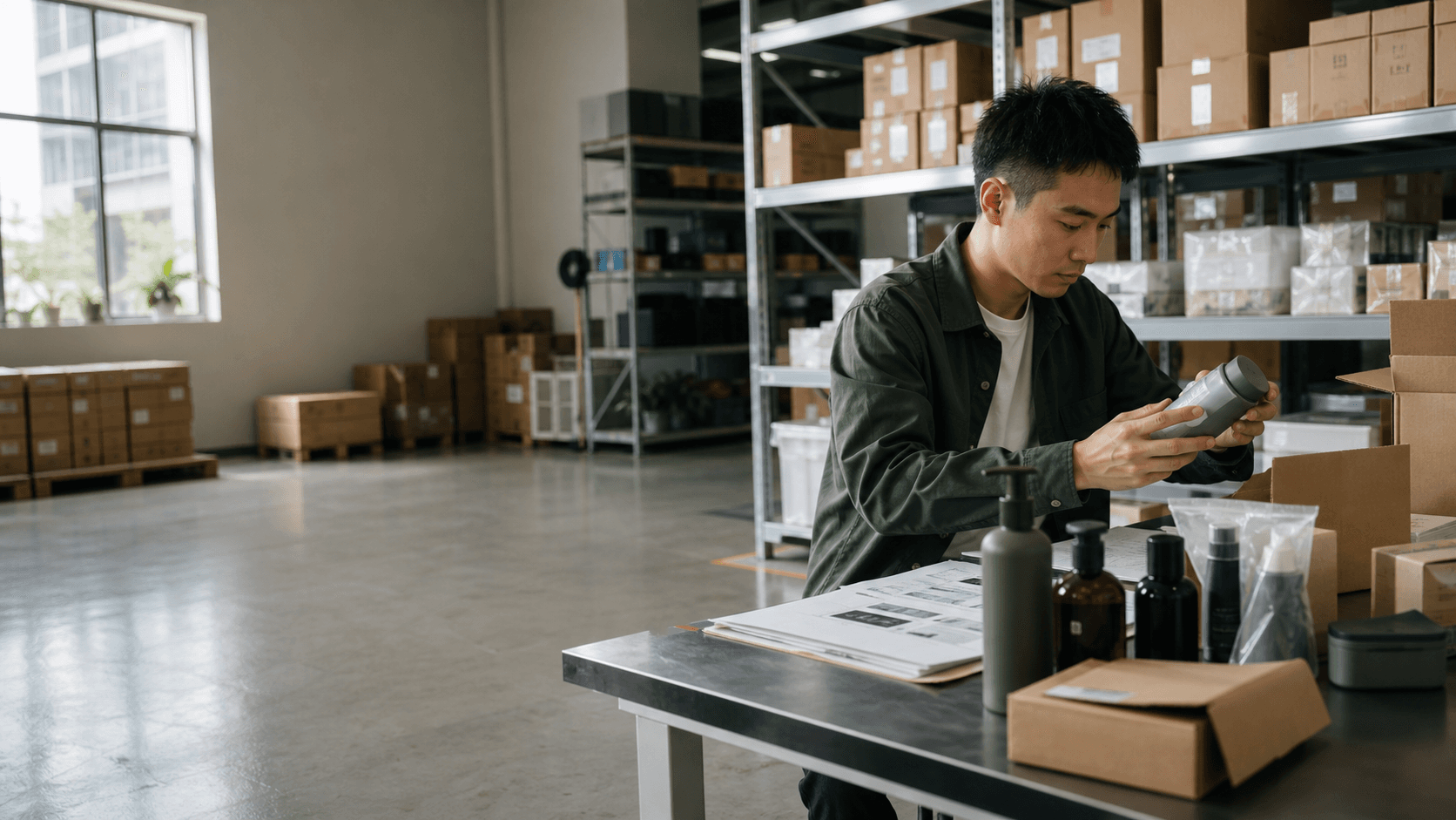 Shiplox operator inspecting a product at a Shenzhen fulfillment warehouse
