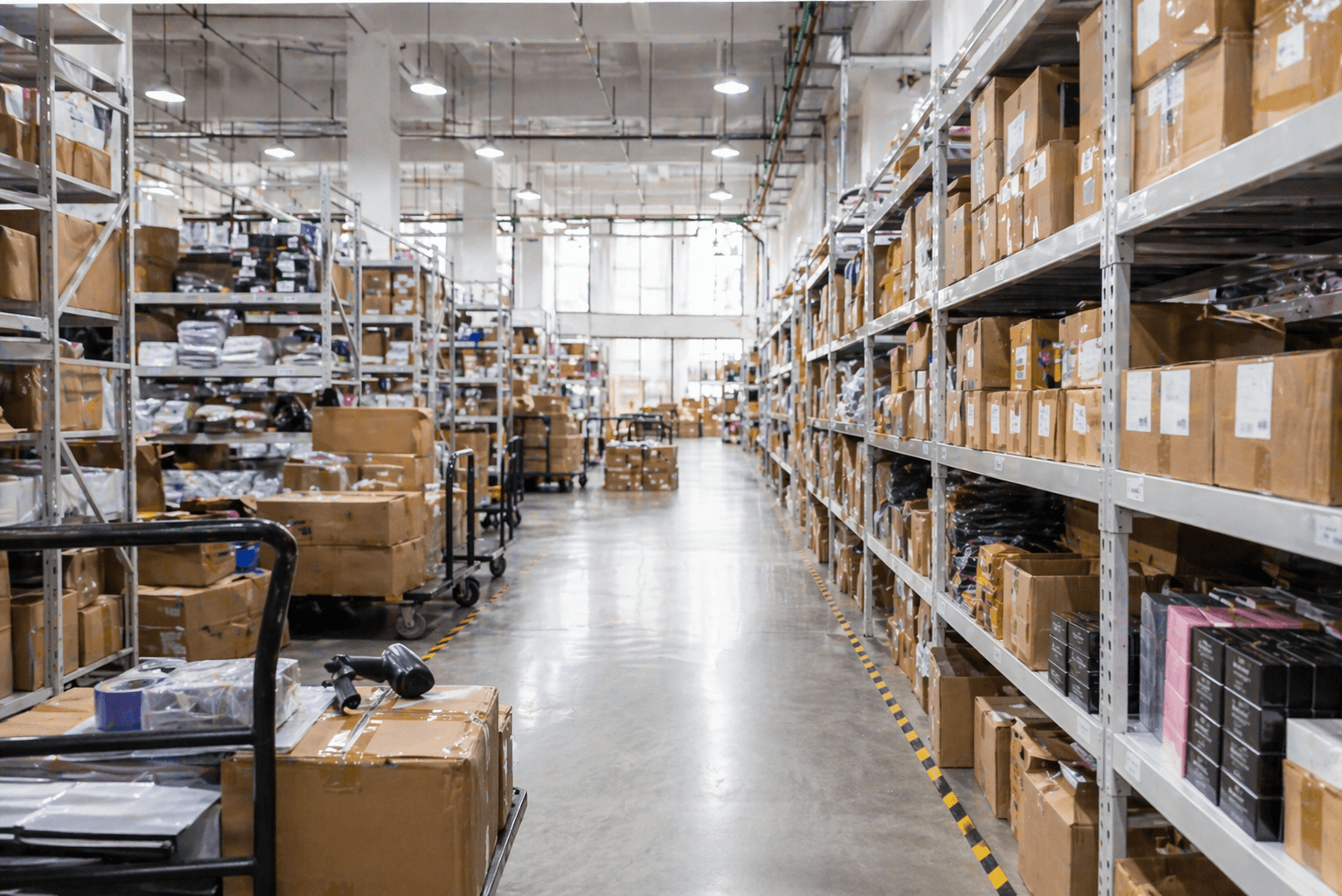Organized warehouse aisle used for ecommerce inventory intake