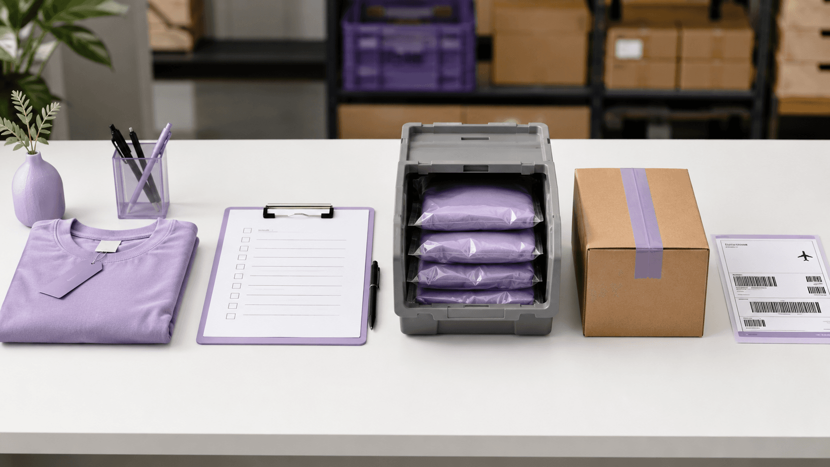 Ecommerce packing and fulfillment workstation Packing and fulfillment workstation with apparel, labels, poly mailers, inserts, and ecommerce order boxes