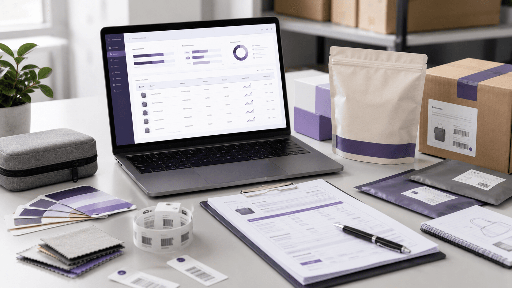 Product sourcing workspace with a sample, notes, and packaging references