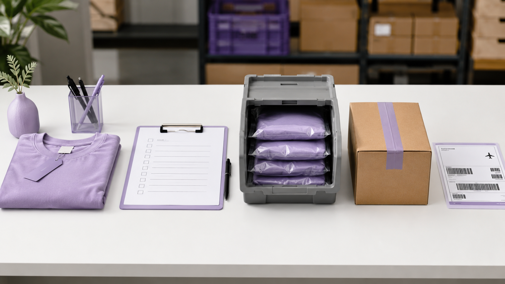 TikTok Shop order packing and apparel fulfillment workstation with branded mailers ready for tracked shipping